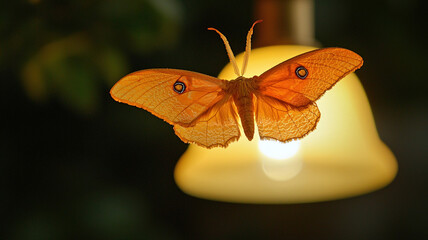 stunning orange moth gracefully flutters near warm light, showcasing its delicate wings and intricate patterns. scene evokes sense of tranquility