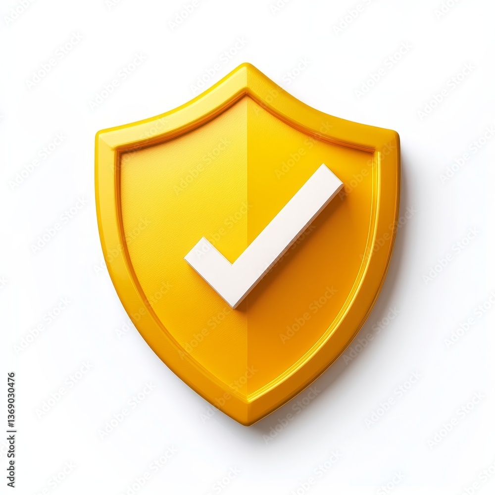 Poster yellow shield icon with checkmark on white background simple flat design in 3d style