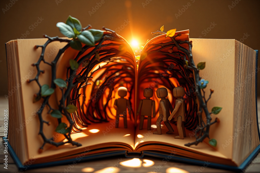 Poster an open book with figures standing in a tunnel made from pages, light shines from the end, vines wit