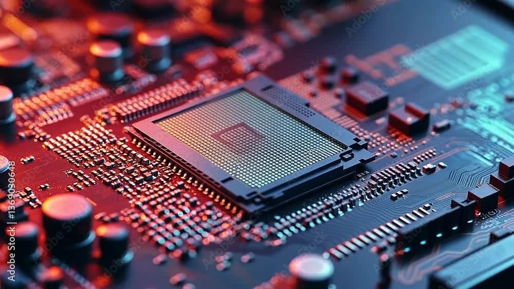 Poster close up of red and orange circuit board with central processing unit