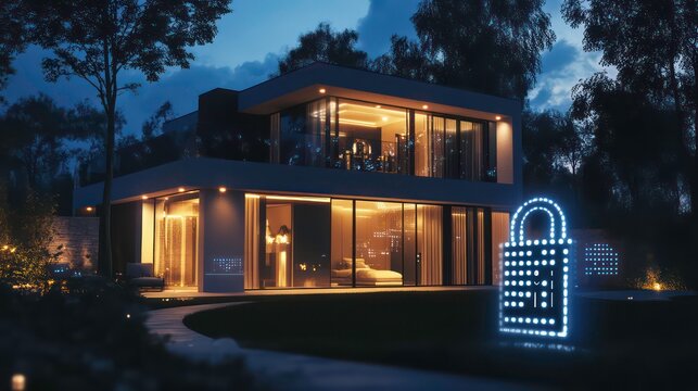 Modern home at night protected by smart security system. Digital padlock icon glows with binary code. Future tech secure house. Exterior view with lawn, garden lights. Residential property with tech