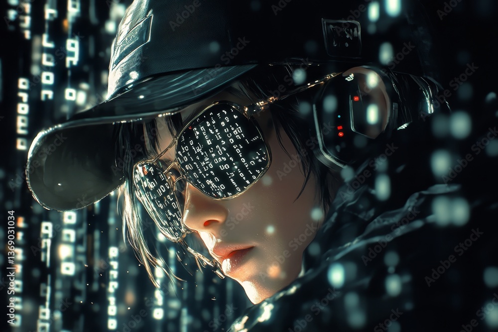 Aufkleber mysterious hacker reflected in digital code wearing sunglasses and hat amidst dark background