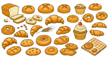 Hand-drawn bakery icons featuring a delightful variety of bread and pastry items