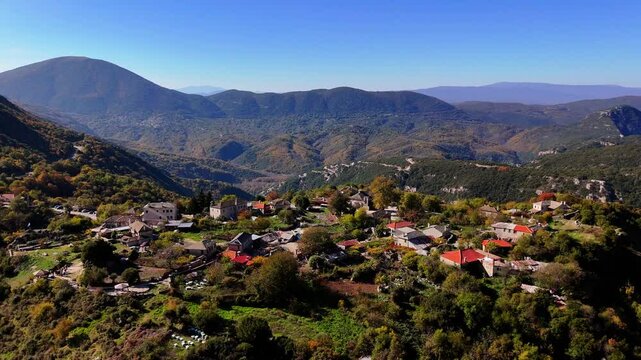 Orbital drone shot of Vikos village in Vikos-Ao&ouml;s National Park, Ioannina, Greece