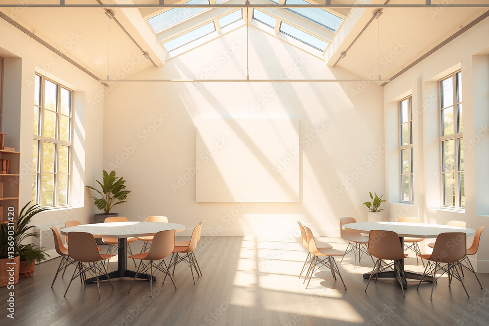 Poster bright, spacious room filled with natural light from skylights and large windows. round tables and c