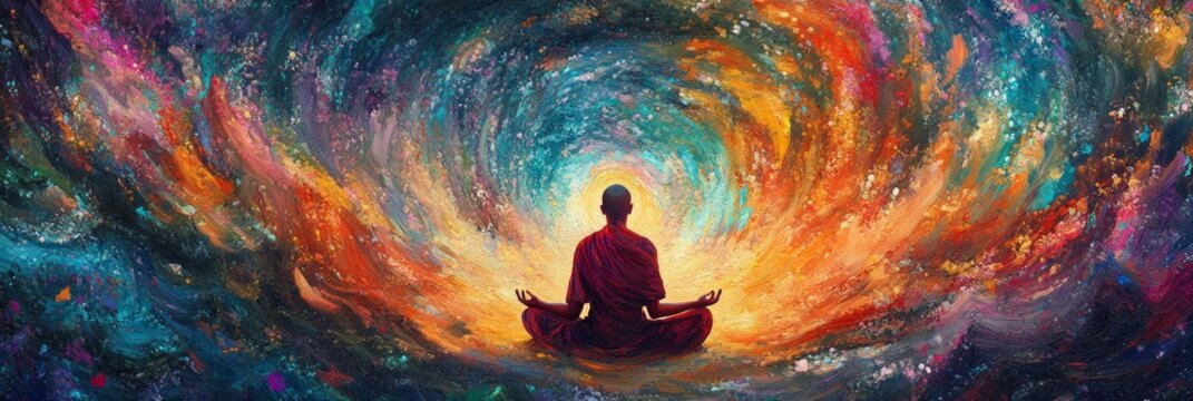 Meditating monk in colorful cosmic whirlpool