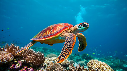Fototapeta premium Colorful Sea Turtle Swimming Over Coral Reef