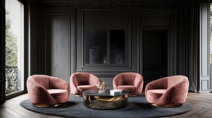 Luxury living room features dark gray walls with decorative molding. Rose pink armchairs, gold-edged marble coffee table create sophisticated ambiance. Empty wall area perfect for art wallpaper.