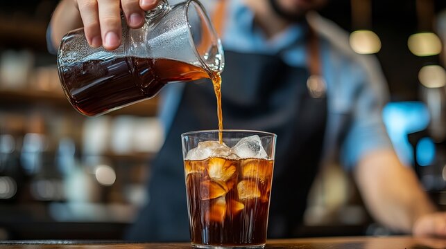 Making refreshing iced coffee drink: barista pouring cold brew coffee over ice in a glass for summer drink