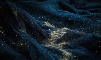 Golden dust flowing through dark, textured landscape, ideal for abstract backgrounds