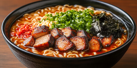 Delicious bowl of ramen featuring tender pork, green onions, and seaweed served in a black bowl