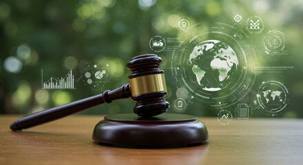 Global Justice: A gavel symbolizing international law and order amidst a world of data and progress, shown with a soft green background.