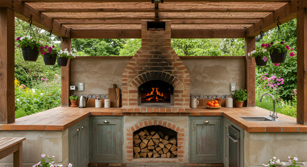 Charming Outdoor Kitchen with Brick Pizza Oven and Rustic Wood Beam Pergola