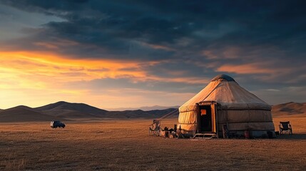 Fototapeta premium Sunset over Mongolian Steppe with Yurt