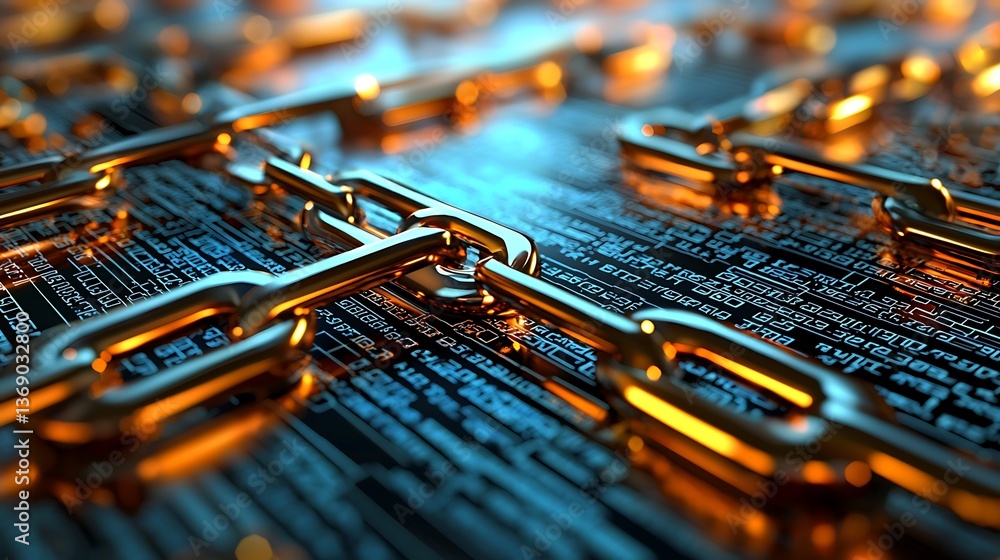 Poster chained digital data. interconnected links bind complex information