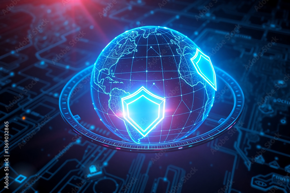 Poster neon blue globe with shield icons on a circuit board backdrop represents global digital security and