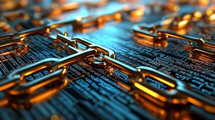 Chained digital data.  Interconnected links bind complex information