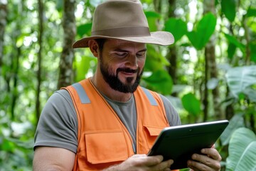 Botanist conducts field research in lush green forest using digital tablet to collect data on plant species