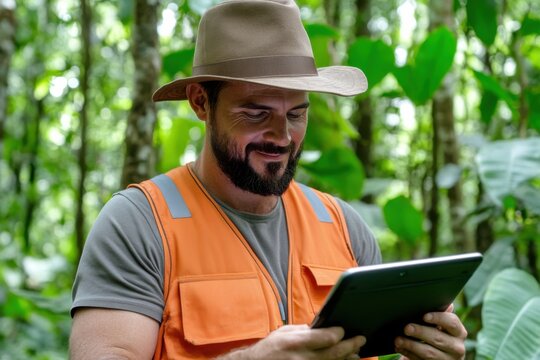 Botanist conducts field research in lush green forest using digital tablet to collect data on plant species
