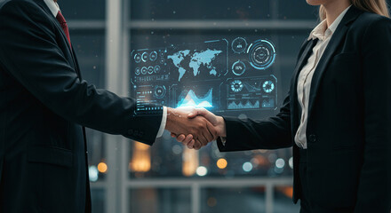 A powerful handshake seals a global business partnership, symbolized by a futuristic digital overlay of charts and a world map, in a modern office setting.