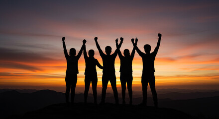 A triumphant team silhouetted against a fiery sunset, celebrating their victory with arms raised high, a powerful image of unity and achievement in warm golden hues.