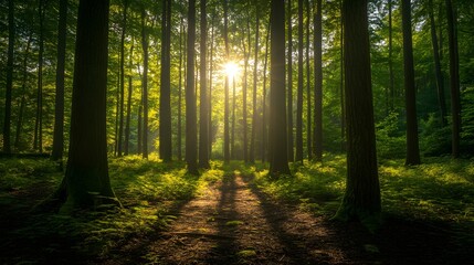 Obraz premium Sunlight streams through forest trees