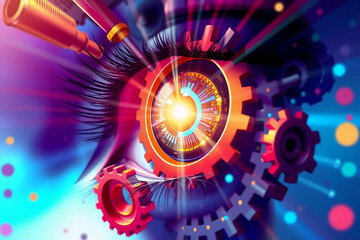Fototapeta premium A vibrant, stylized eye with mechanical gears and bright beams of light emanating from the center. Futuristic and abstract design with intricate details.