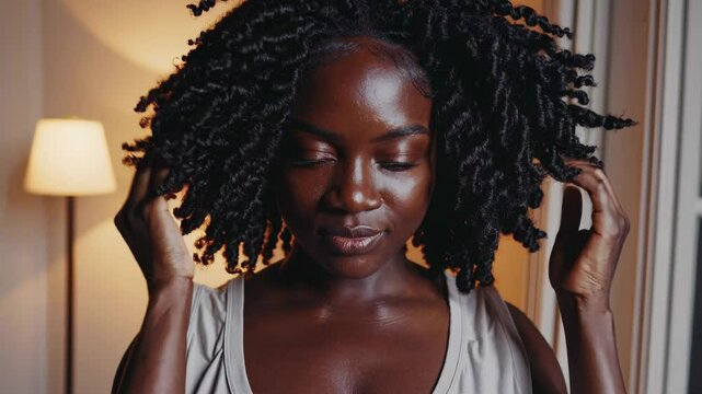 Young black woman caressing face, neck, hair with closed eyes, smiling peacefully in indoor setting, enjoying serene moment