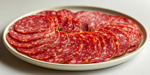 Obraz premium Artfully arranged slices of cured meat on a clean plate in a top-down view setting