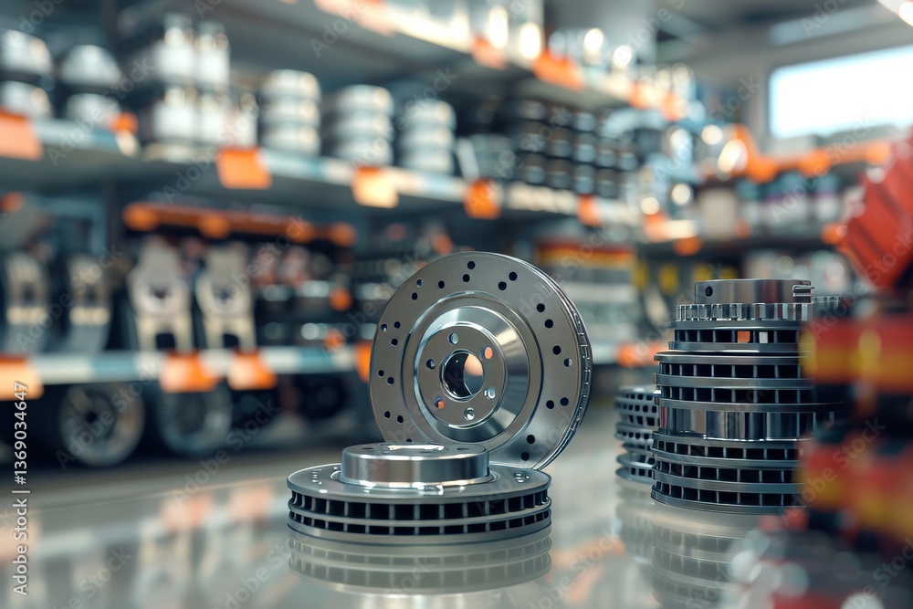 Poster 3d rendering of car components brake disk, oil filter, and pulleys in a blurred store setting