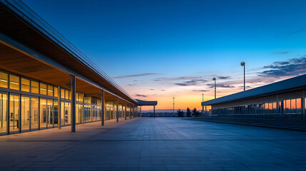 Modern Shopping Mall Exterior At Sunset