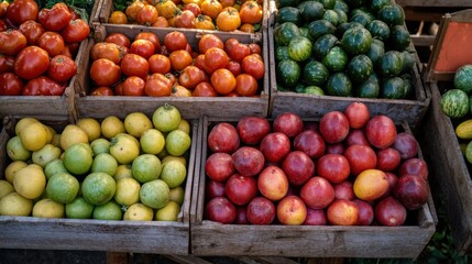 Fresh and Vibrant Display of Organic Fruits at a Local Farmers Market with a Variety of Apples, Tomatoes, and Watermelons in Rustic Wooden Baskets