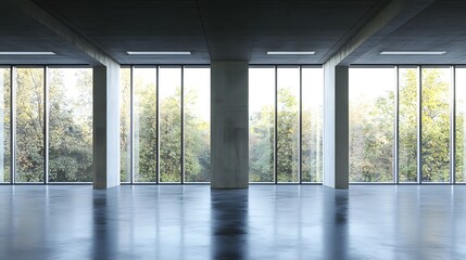 Fototapeta premium Modern concrete hall with glowing windows, embodying simplicity and clean minimalism in architectural design