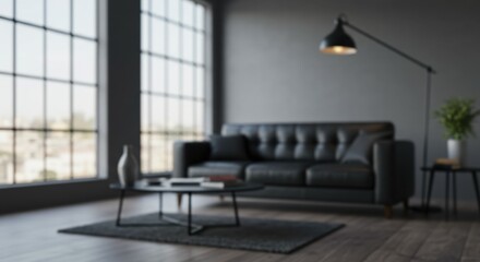 Fototapeta premium Black Leather Sofa in Contemporary Urban Chic Living Room