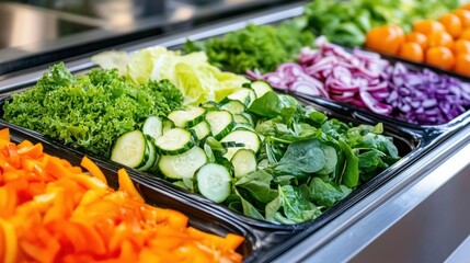 Fresh leafy greens and vibrant vegetables displayed in a salad bar promoting healthy eating in warm natural light