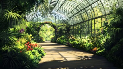 Sunlit Greenhouse Path, Lush Plants