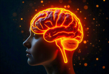 Futuristic concept of artificial intelligence and neuroscience — glowing neon brain inside a human silhouette. Vibrant digital visualization representing innovation, machine learning, and human mind t