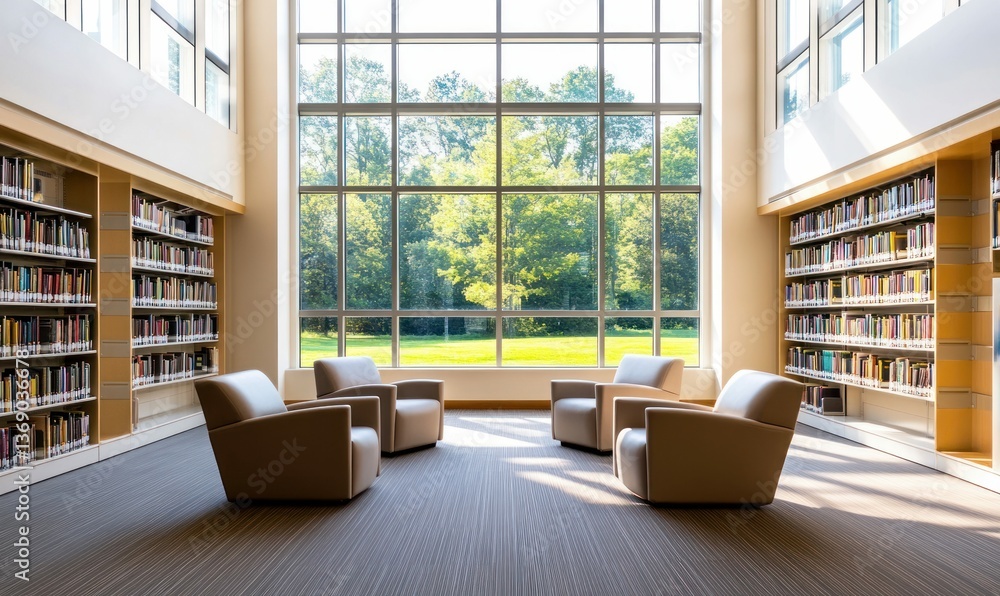 Aufkleber four armchairs arranged in a circle in a library provide a comfortable reading and study space.