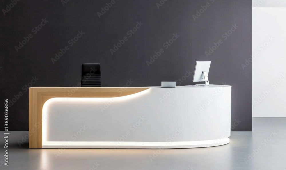 Poster an elegant reception area showcases a modern curved desk with clean lines and soft lighting, creatin
