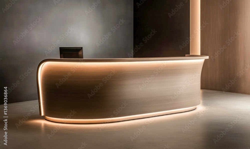 Poster modern reception area showcases a curved, illuminated desk, creating an inviting and professional at