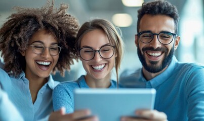 Three young professionals are sharing a lighthearted moment looking at a tablet screen, laughing.
