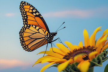 Fototapeta premium Monarch butterfly on sunflower beautiful nature photography stock image scenic wildlife orange insect wings summer