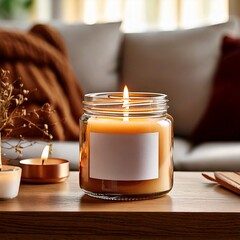 Candle glass container with with blank label mockup, behind a warm aesthetic living room