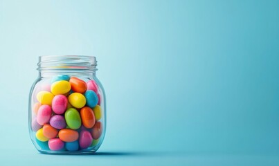 A jar full of brightly colored jelly beans stands out against a clean blue background.