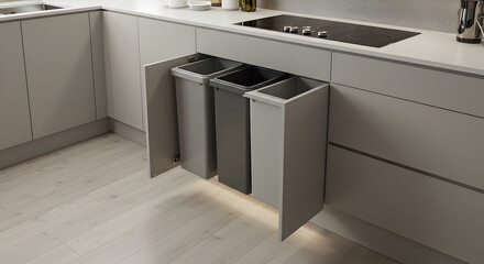 Modern kitchen design featuring hidden trash bins with dedicated waste separation system