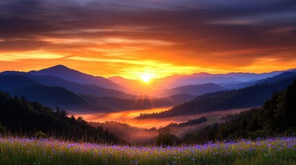 Obraz premium Majestic Sunrise over Misty Mountains