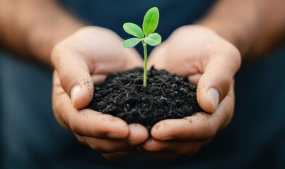 A small seedling emerges from the soil held in caring hands, symbolizing new beginnings and hope.
