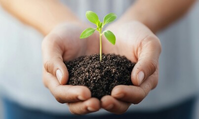 Person gently holds a young green plant seedling in their hands, showing new growth and care.