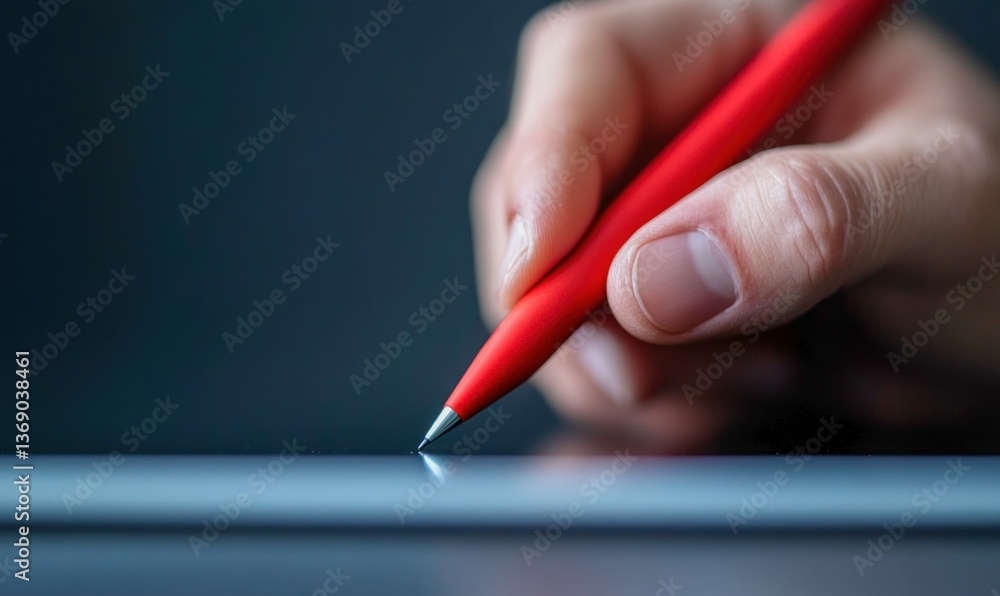 Poster a person's hand uses a red stylus to interact with a digital tablet on a dark background.