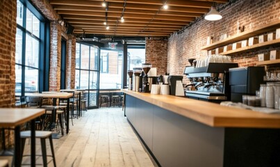 Fototapeta premium The bright and airy interior of a coffee shop features brick walls and modern furniture.